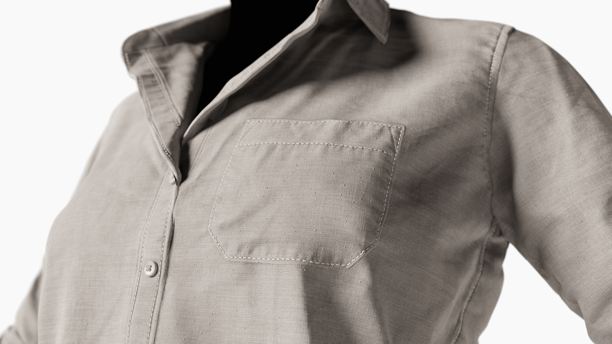 Close-up of female shirt 3D model showcasing photorealistic fabric details